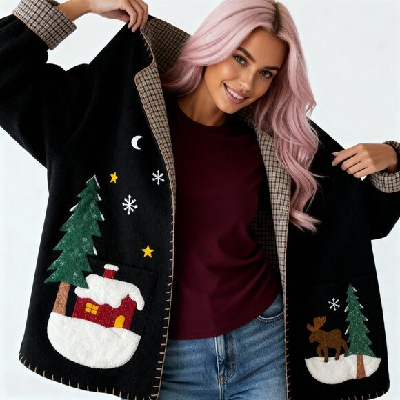 Vintage Country Christmas Fleece Open Front Cardigan Jacket Felt Patchwork - Picture 8 of 13